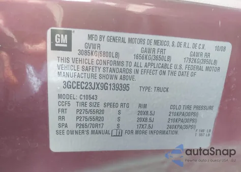 2009 Chevrolet Silverado 1500 Lt из США, поврежденный, VIN 3GCEC23JX9G139395